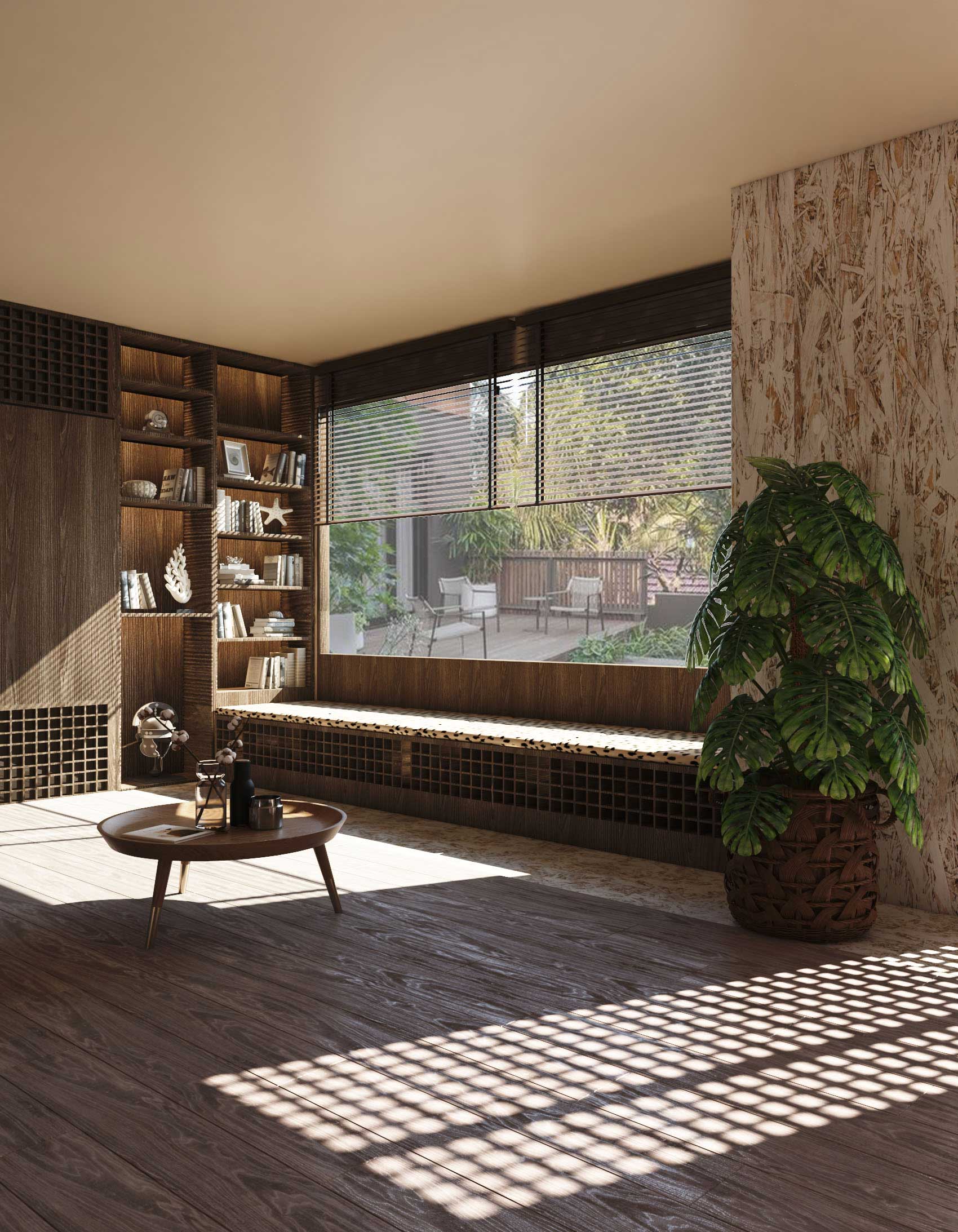 bedroom window with decorative plants and bookshelf