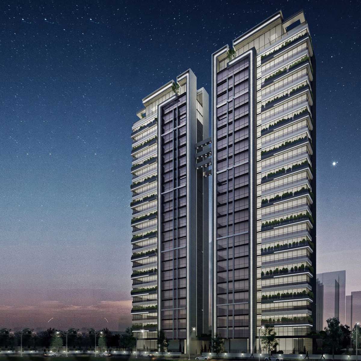 modern glass building with city lights
