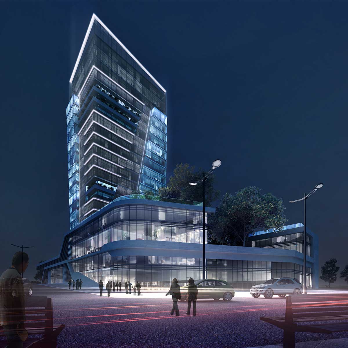 modern glass building with city lights